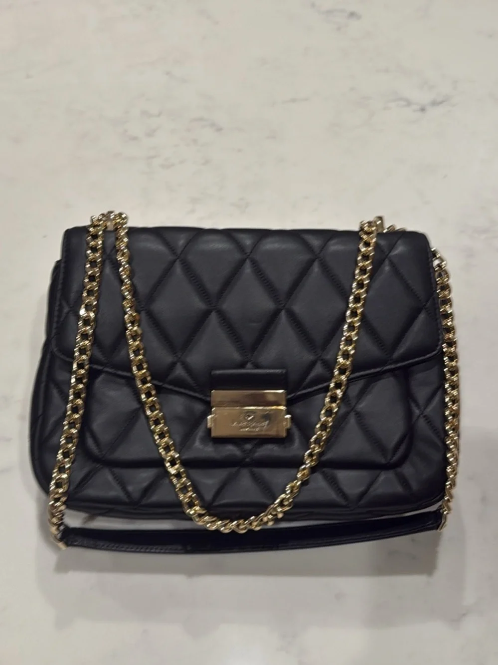 Quilted Black Chain Shoulder Bag with Gold Hardware